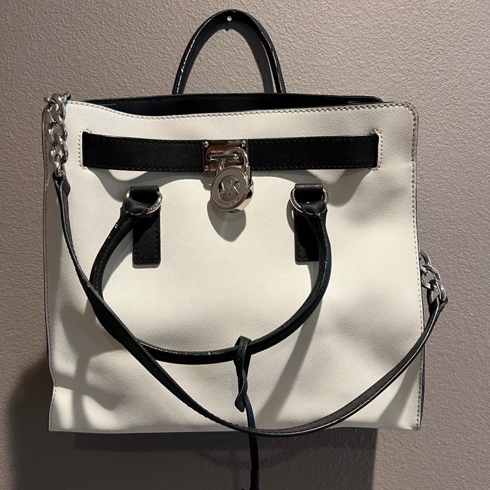 White with black trim Michael Kors purse (large)
